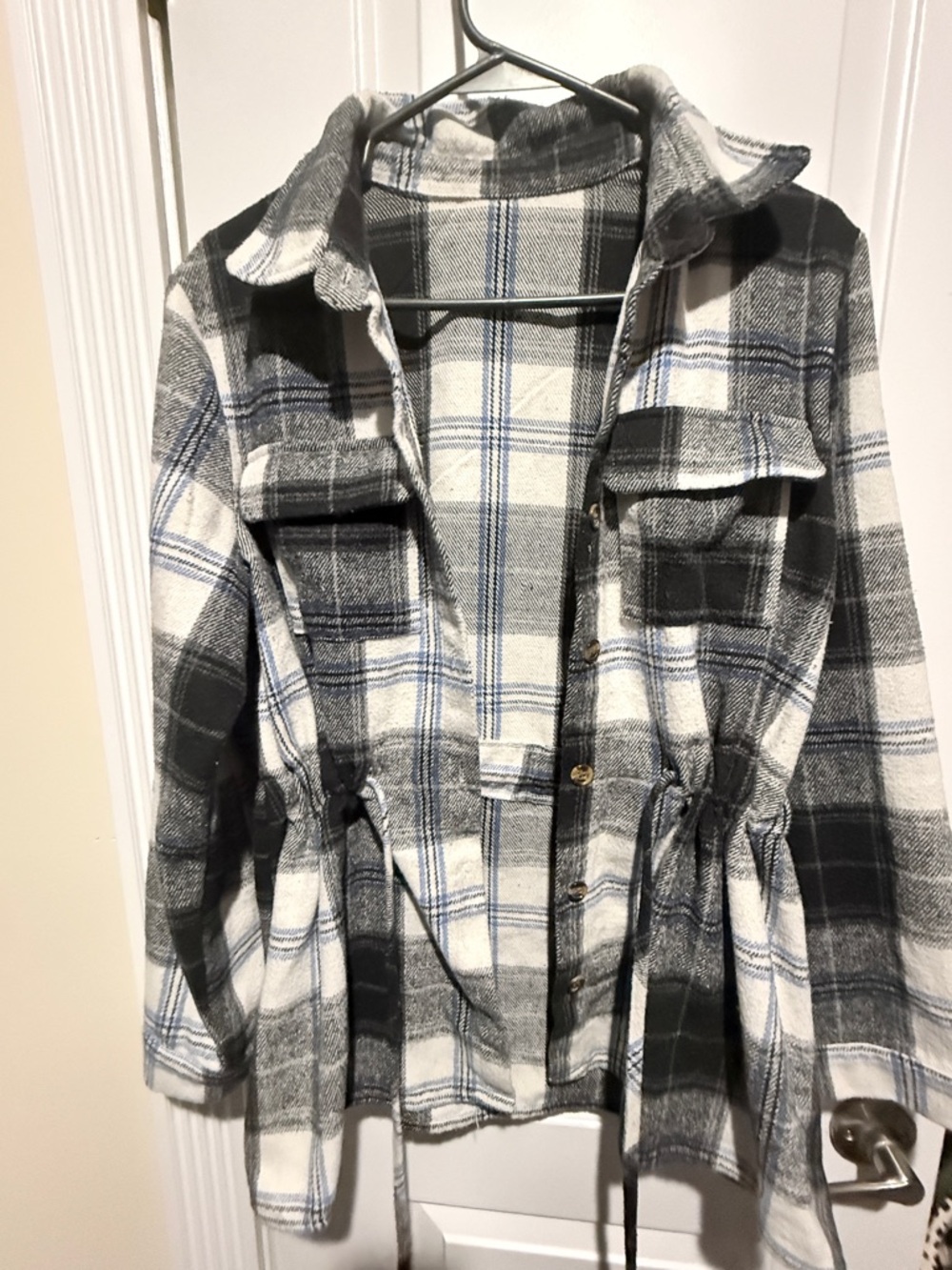 Plaid Drawstring Waist Jacket - Black & White